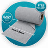 Roll of gray tearable microfiber cleaning wipes with a loose wipe shown next to the product packaging.