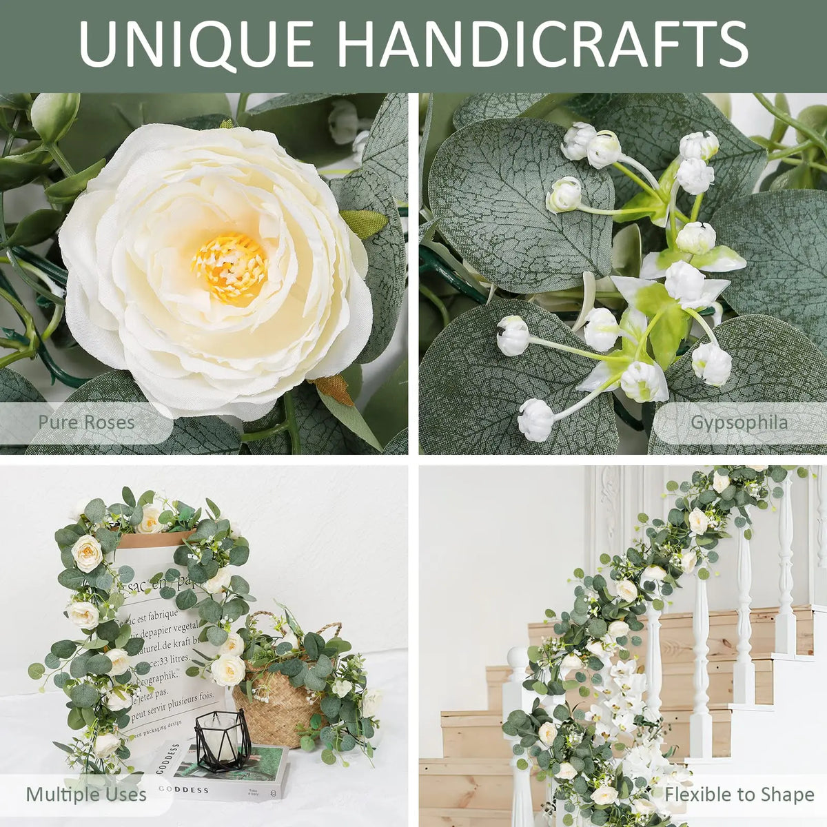 A display of unique handicrafts featuring pure roses, eucalyptus leaves, and a floral garland arrangement.