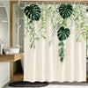 A floral butterfly shower curtain featuring tropical green leaves and delicate pink accents.