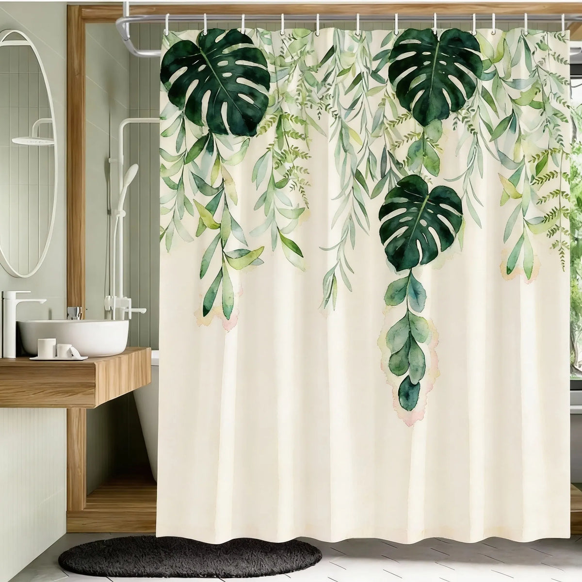 A floral butterfly shower curtain featuring tropical green leaves and delicate pink accents.