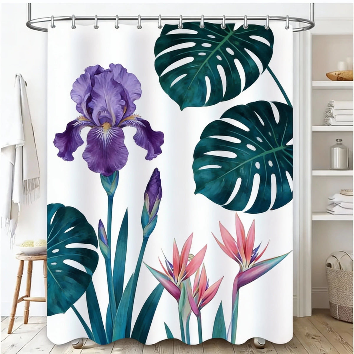 A shower curtain featuring a tropical garden design with large green monstera leaves and purple orchid flowers.