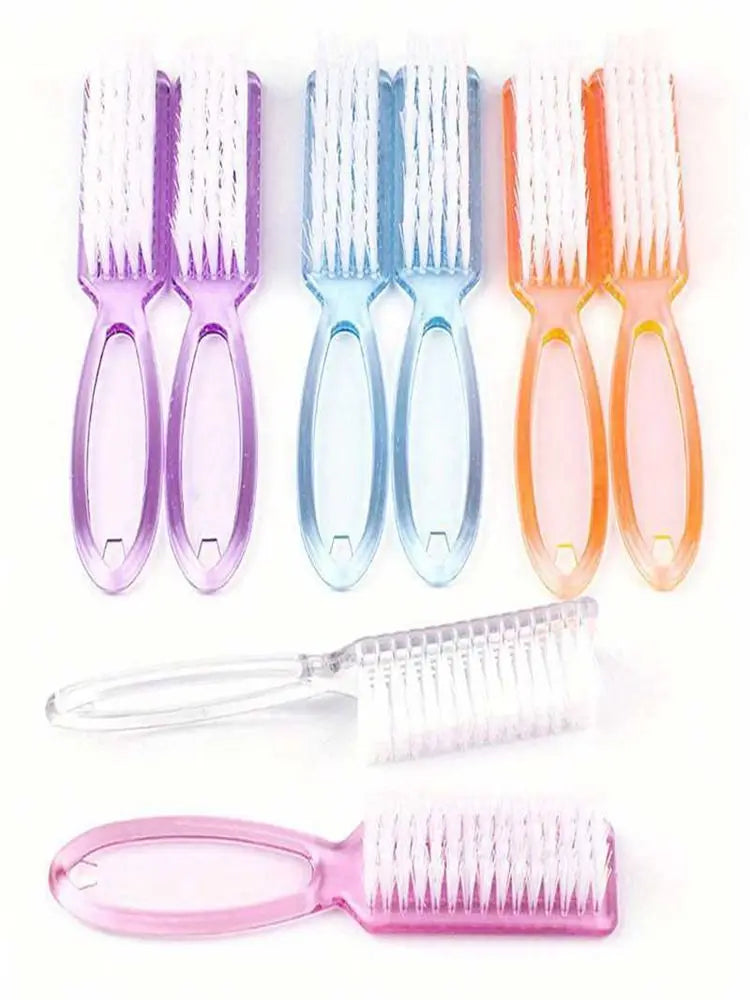 A set of five multi-purpose nail art and dust cleaning brushes in various colors including purple, blue, orange, and pink.