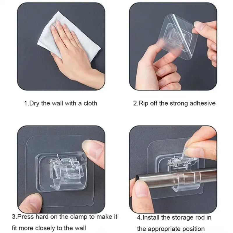 Instructions showing how to use self-adhesive curtain rod hooks to install a storage rod in the wall.