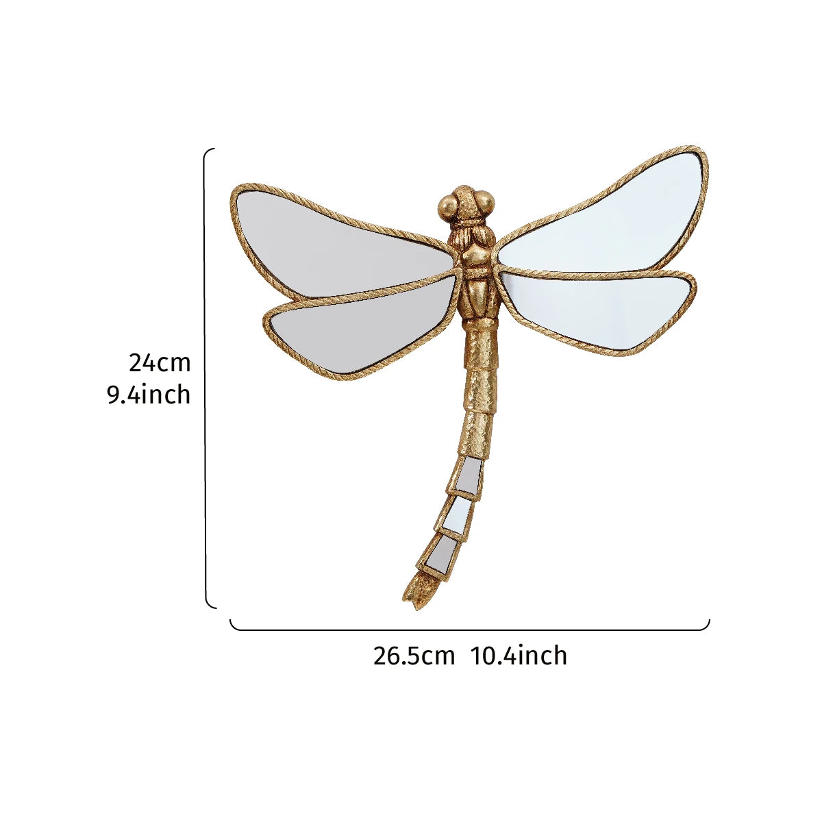 Golden dragonfly mirror wall decor featuring a detailed golden body and translucent wings.
