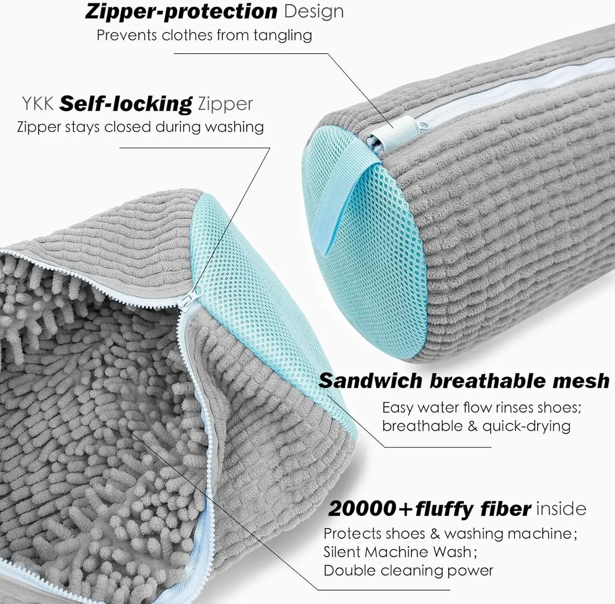 Gray reusable shoe washing bag featuring a self-locking zipper and breathable mesh lining