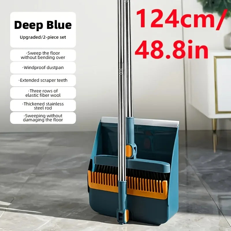 A tall blue broom and dustpan set with extended scraper teeth standing on a floor.