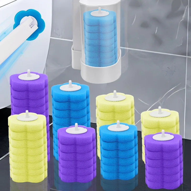 A collection of colorful disposable toilet cleaning foam sponges in purple, blue, yellow, and lime green.