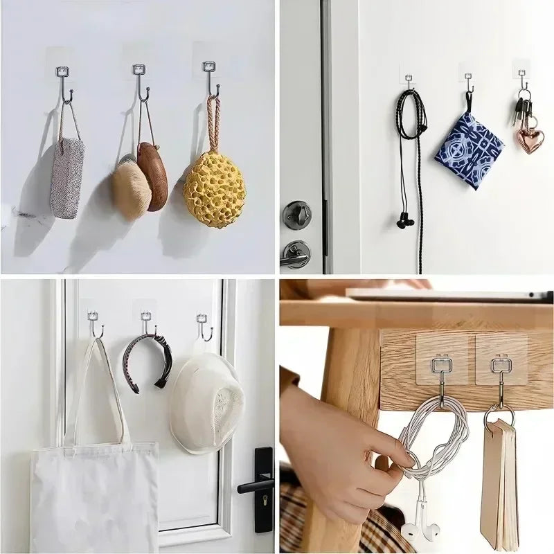 A collection of self-adhesive rotating wall hooks in various colors and materials displayed on a white wall.