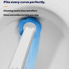 A white toilet brush with a large blue brush head is shown cleaning inside a white toilet bowl.