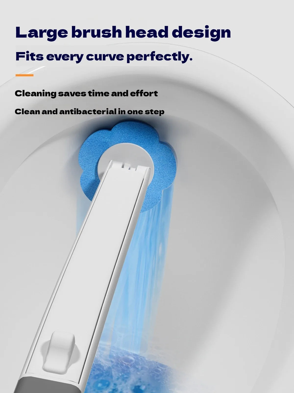 A white toilet brush with a large blue brush head is shown cleaning inside a white toilet bowl.