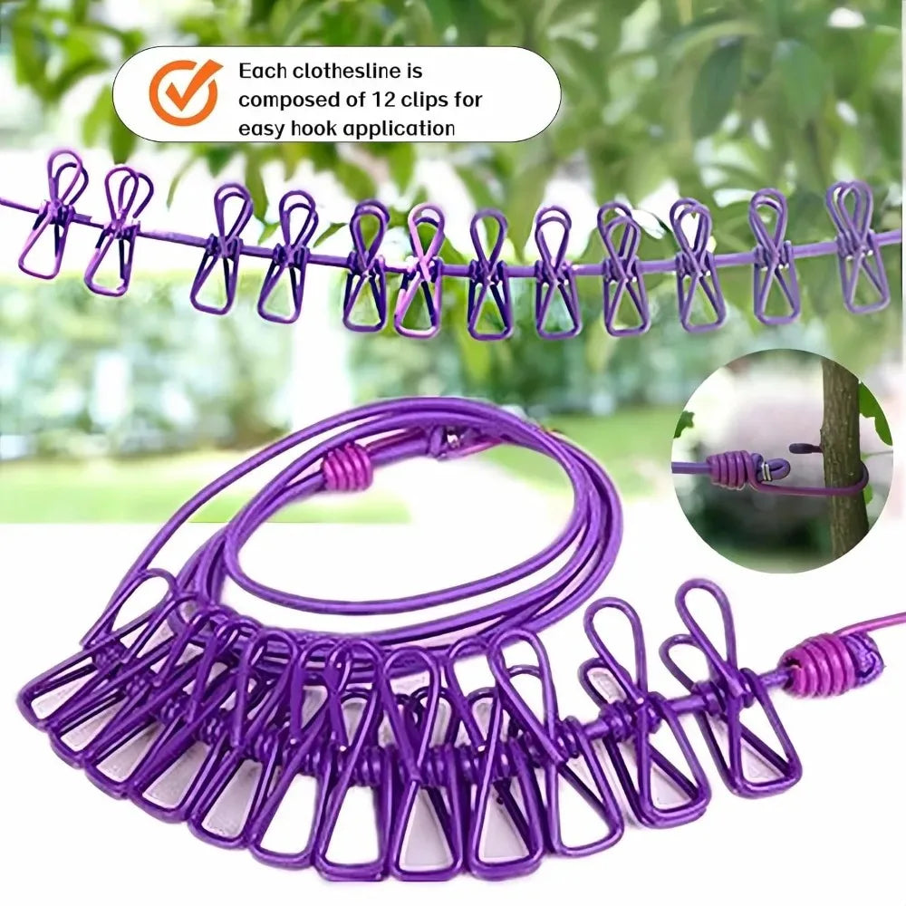 Lila, robuste, winddichte Wäscheleine mit 12 Clips für einfache Aufhängung