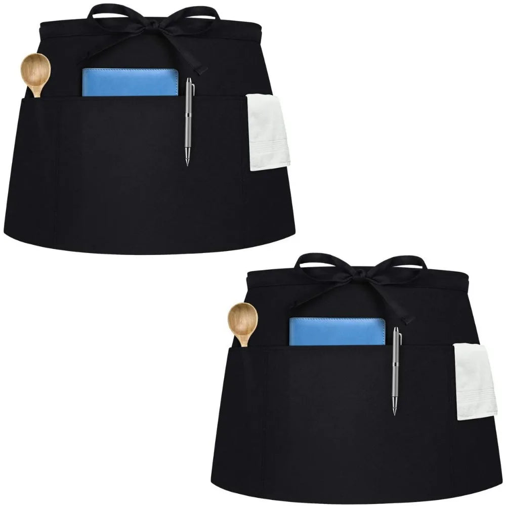 Black fashion chef short apron with blue pocket and white cloth