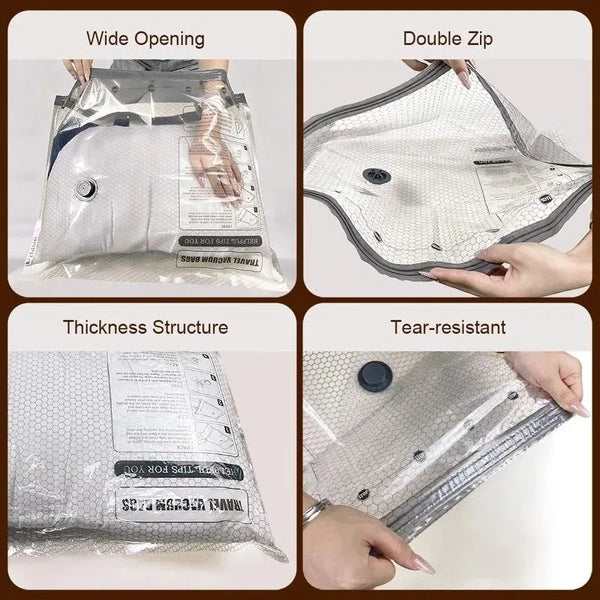 Images showing the wide opening, double zip, thickness structure, and tear-resistant features of travel vacuum storage bags.
