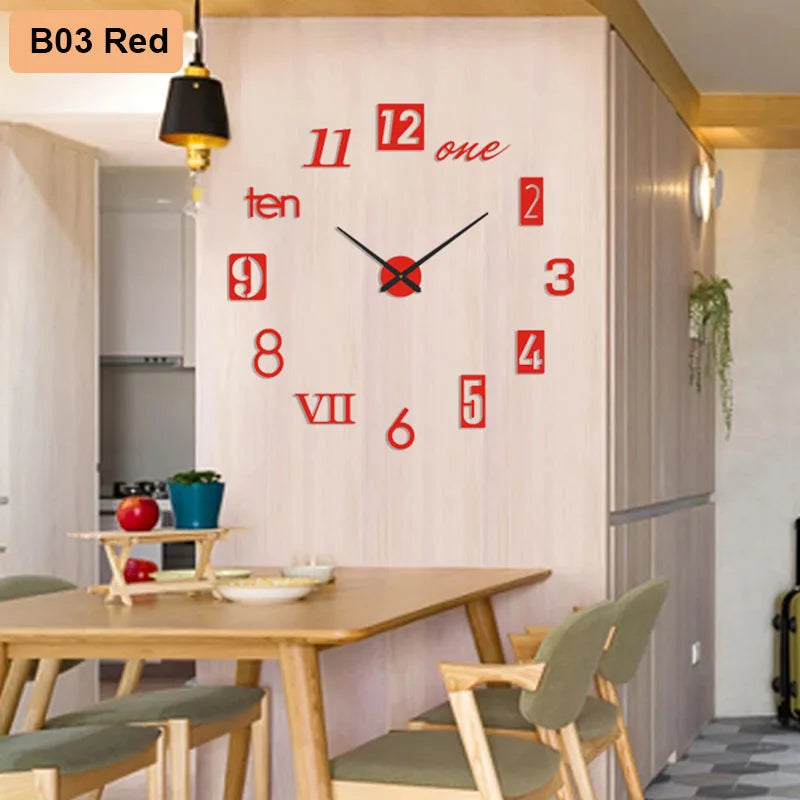 Moderne Wanduhr mit roten Ziffern und Zeigern, montiert an einer hellen Holzplatte neben einem Esstisch.