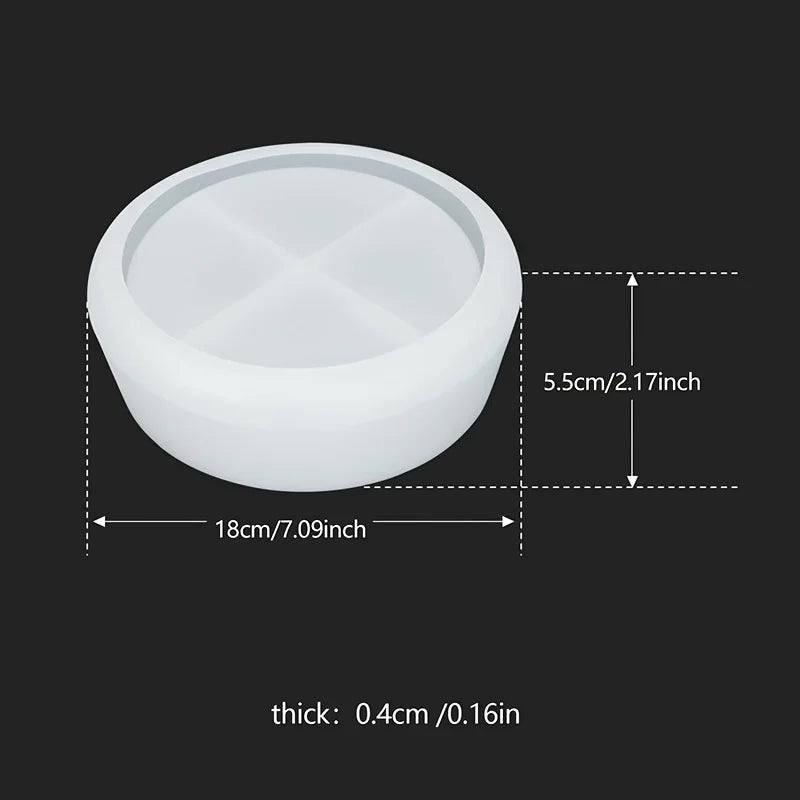 A white silicone resin mold with a circular shape, shown with dimensions of 18cm by 5.5cm and a thickness of 0.4cm.