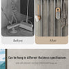 Before and after images showing a wall mounted broom holder for kitchen and bathroom