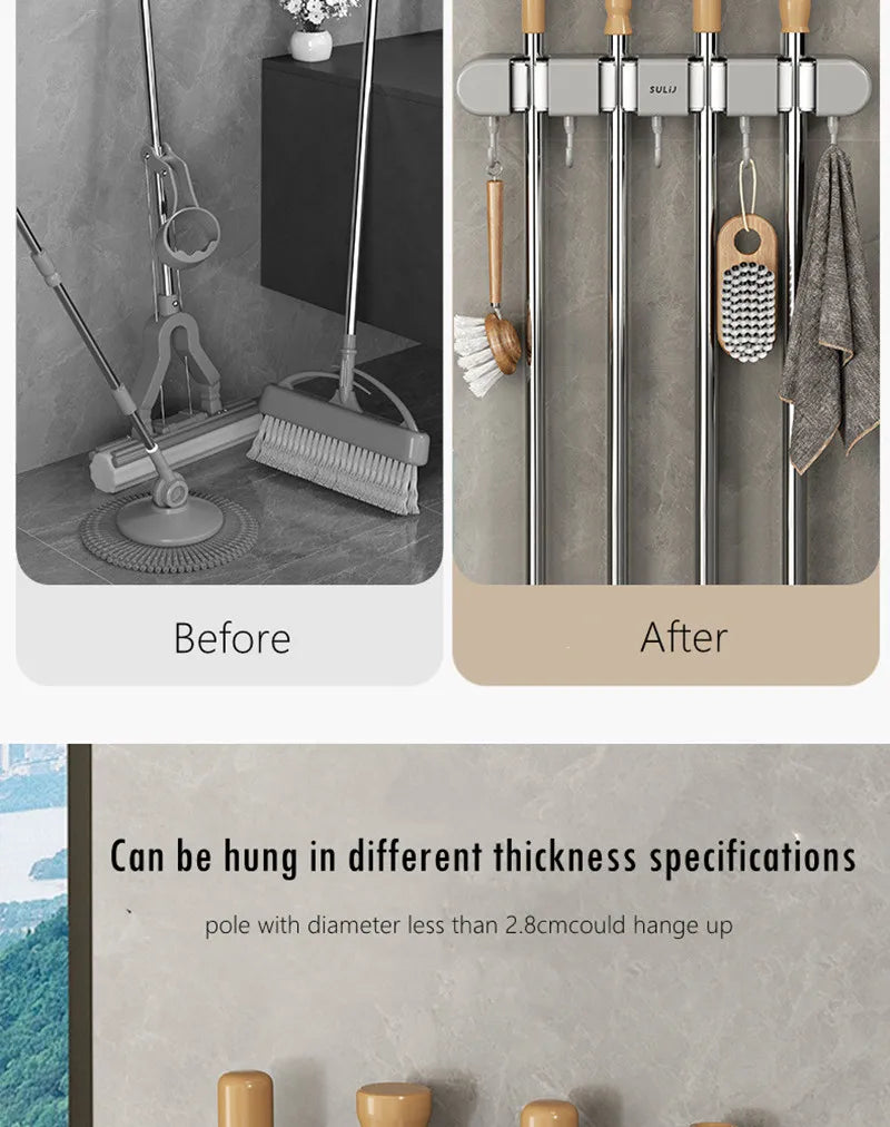 Before and after images showing a wall mounted broom holder for kitchen and bathroom