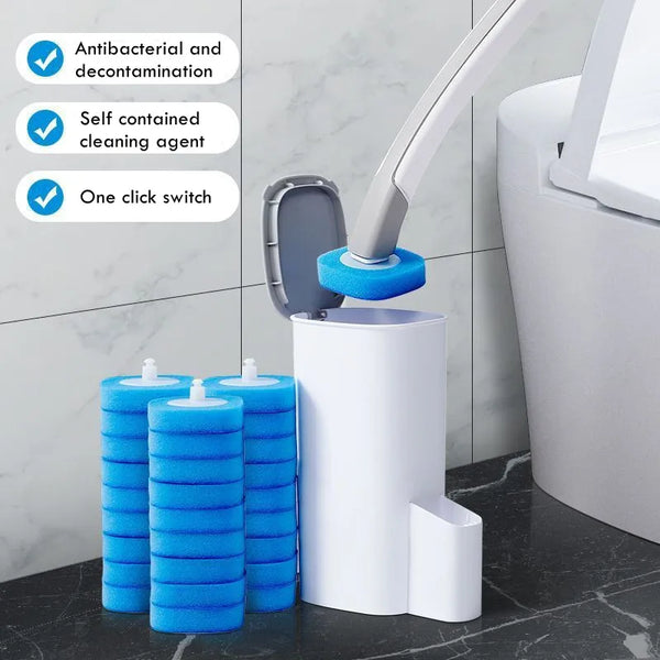 A white toilet brush cleaner with blue cleaning agents is shown next to a toilet.