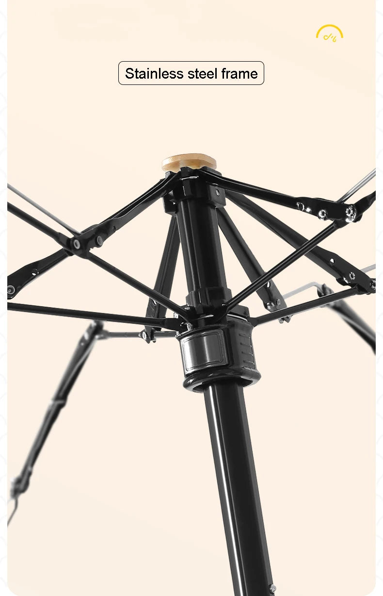 Black stainless steel frame of a compact 5-fold travel umbrella.