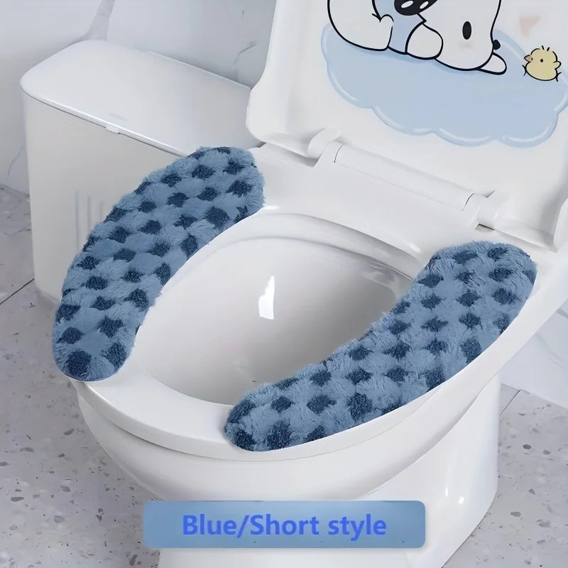 Blue short style toilet seat cushion cover with a fluffy texture