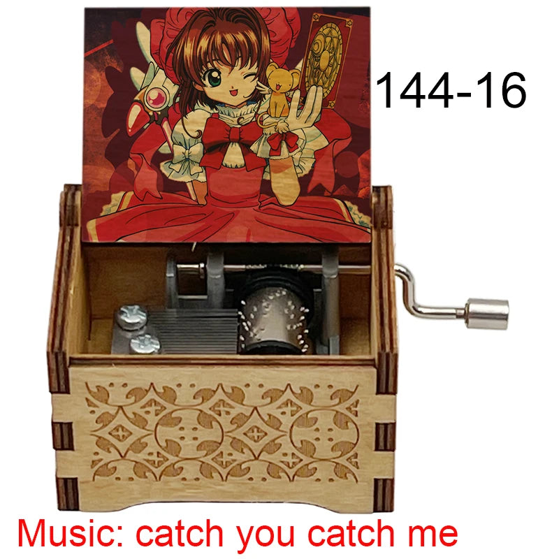 A wooden musical tone box with a female character design and a metal tube.