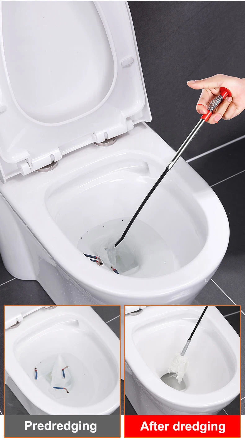 A professional drain cleaning kit showing the process of predredging and after dredging in a toilet bowl.