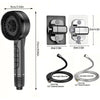 A black high pressure shower head with a one-key stop feature and various connectors is shown.