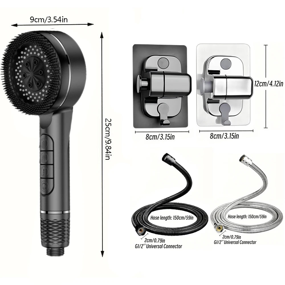 A black high pressure shower head with a one-key stop feature and various connectors is shown.