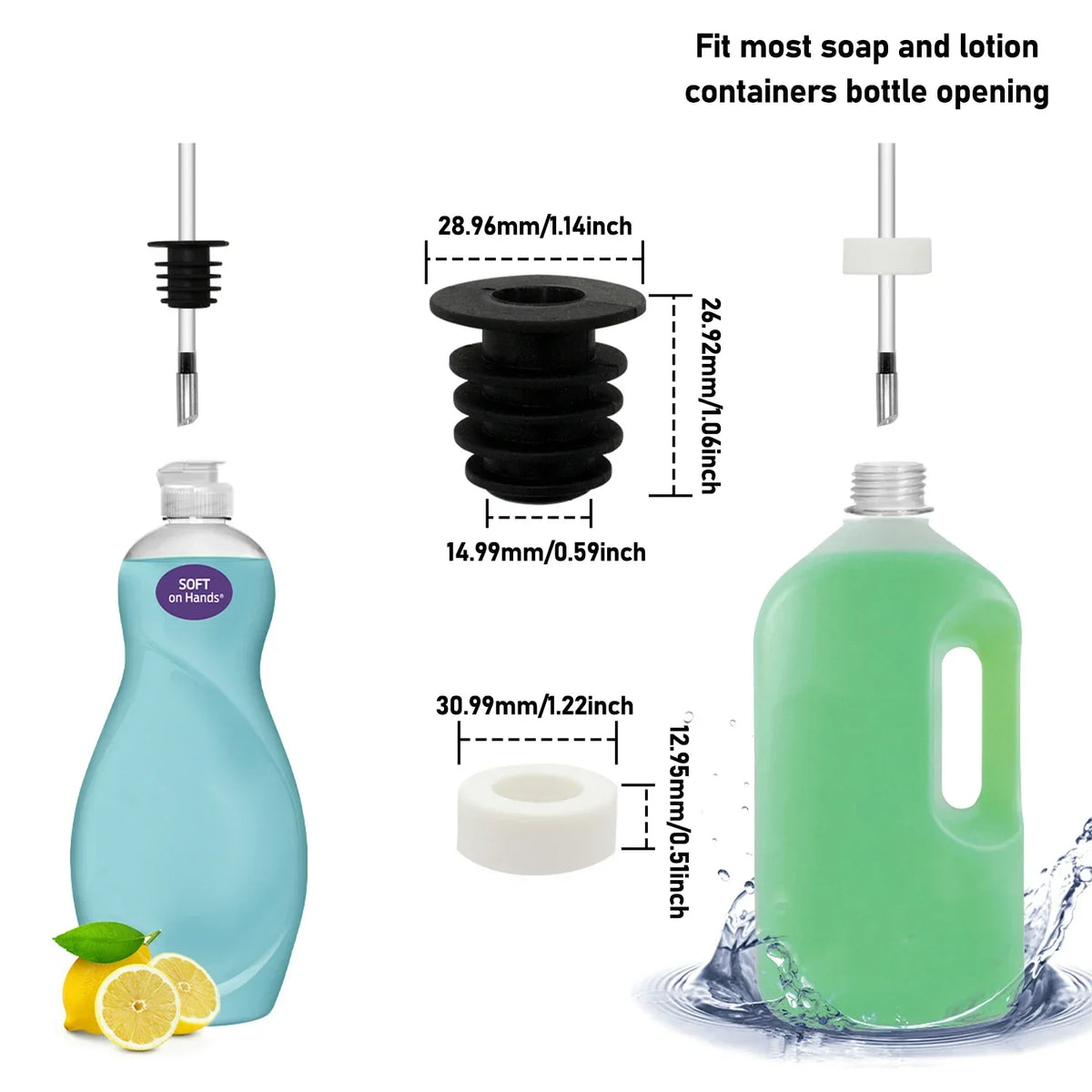 Stainless steel liquid soap dispenser with an extension tube shown next to various containers.