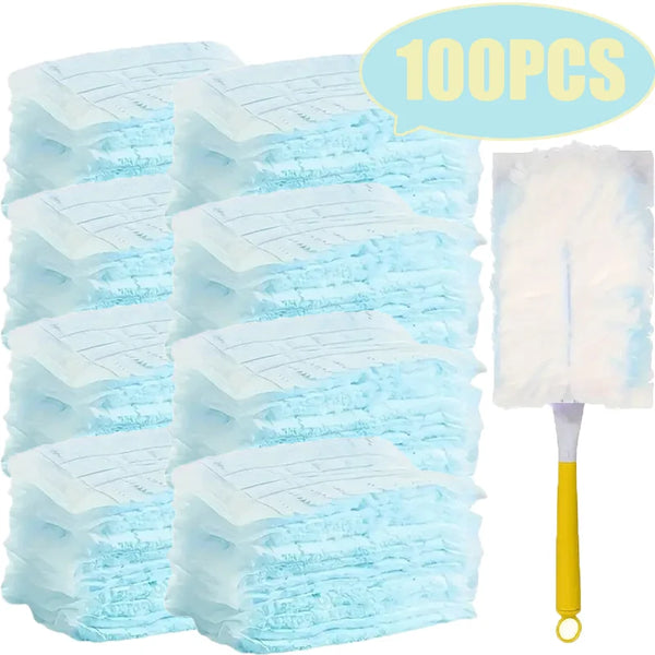 A stack of 100 disposable microfiber duster refills in light blue color with a yellow handle.