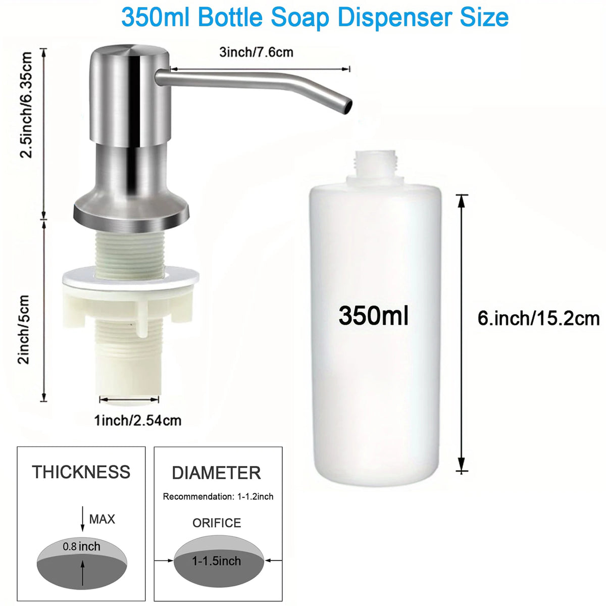 Stainless steel bottle soap dispenser with a 350ml capacity and a metal spout.