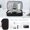 A portable multi-use storage organizer pouch shown open with various electronic accessories and gadgets inside.