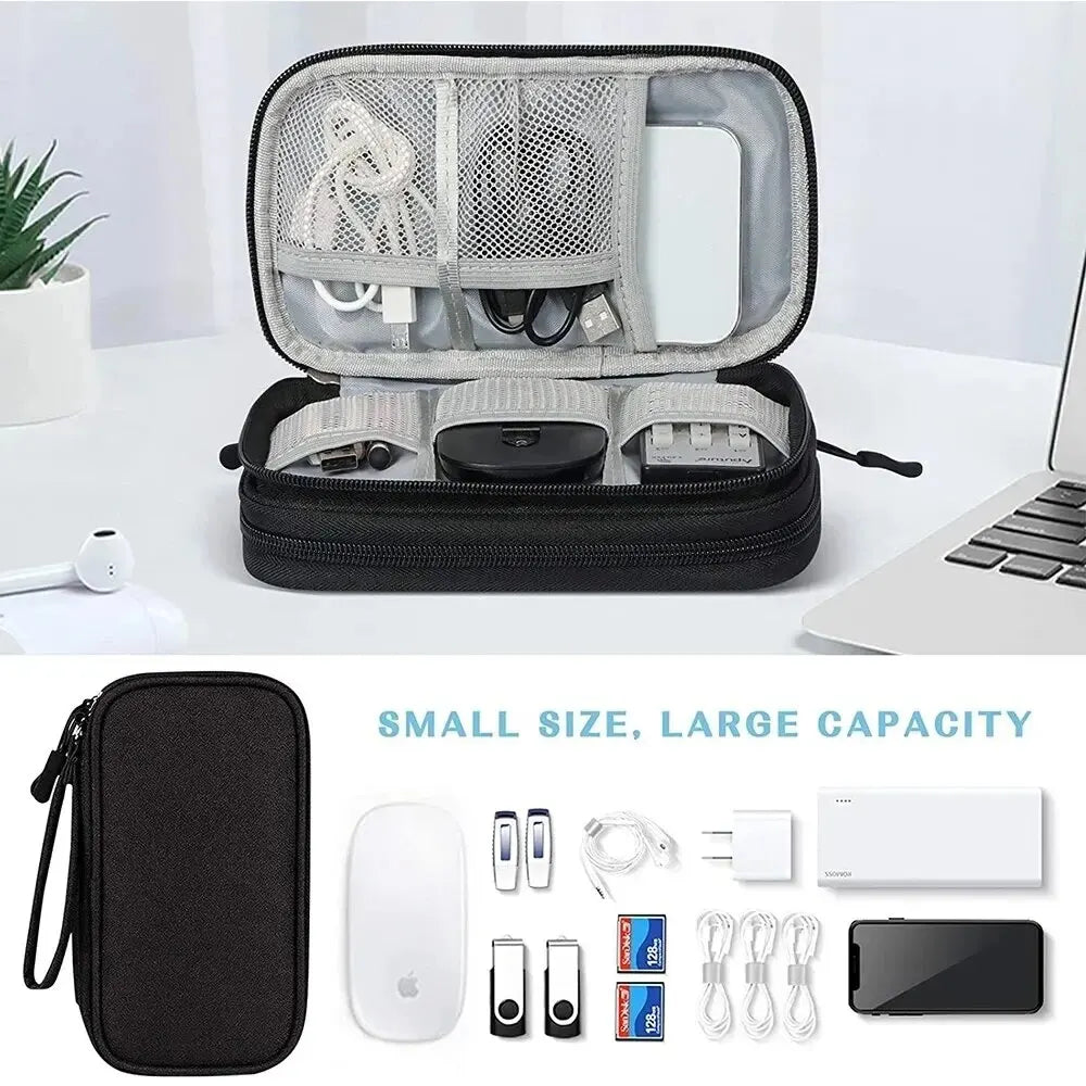 A portable multi-use storage organizer pouch shown open with various electronic accessories and gadgets inside.