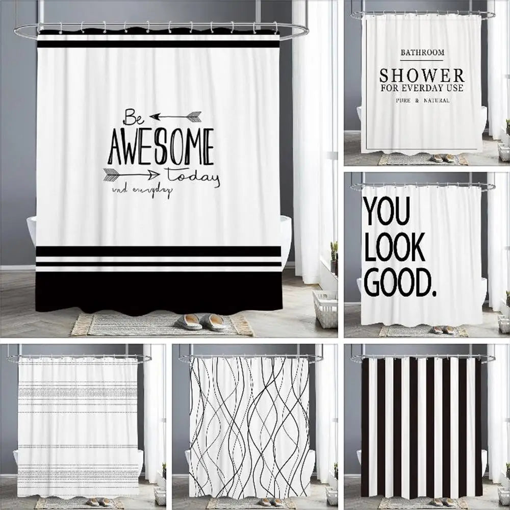 A set of abstract geometric line shower curtains in black and white featuring motivational text