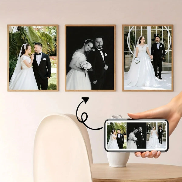 A set of three framed canvas photo prints featuring wedding portraits of a bride and groom.