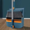 A blue broom and dustpan set with comb teeth for pet hair removal is shown on a wooden floor.