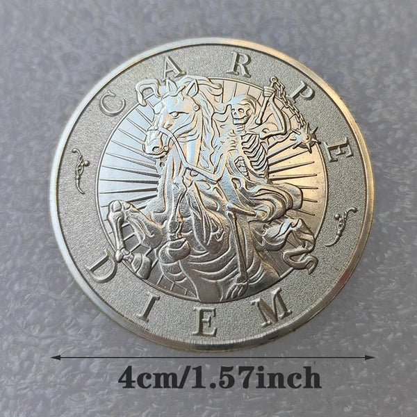 A silver coin featuring a horse head and surrounding text on the obverse side.