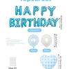A set of 45 foil balloon letters spelling HAPPY BIRTHDAY in blue, including latex balloons and glue.