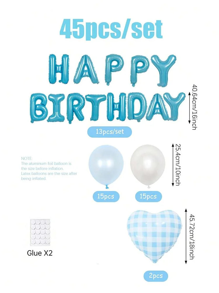 A set of 45 foil balloon letters spelling HAPPY BIRTHDAY in blue, including latex balloons and glue.