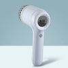 A white electric spin scrubber with a replaceable brush head and a digital display showing 77.