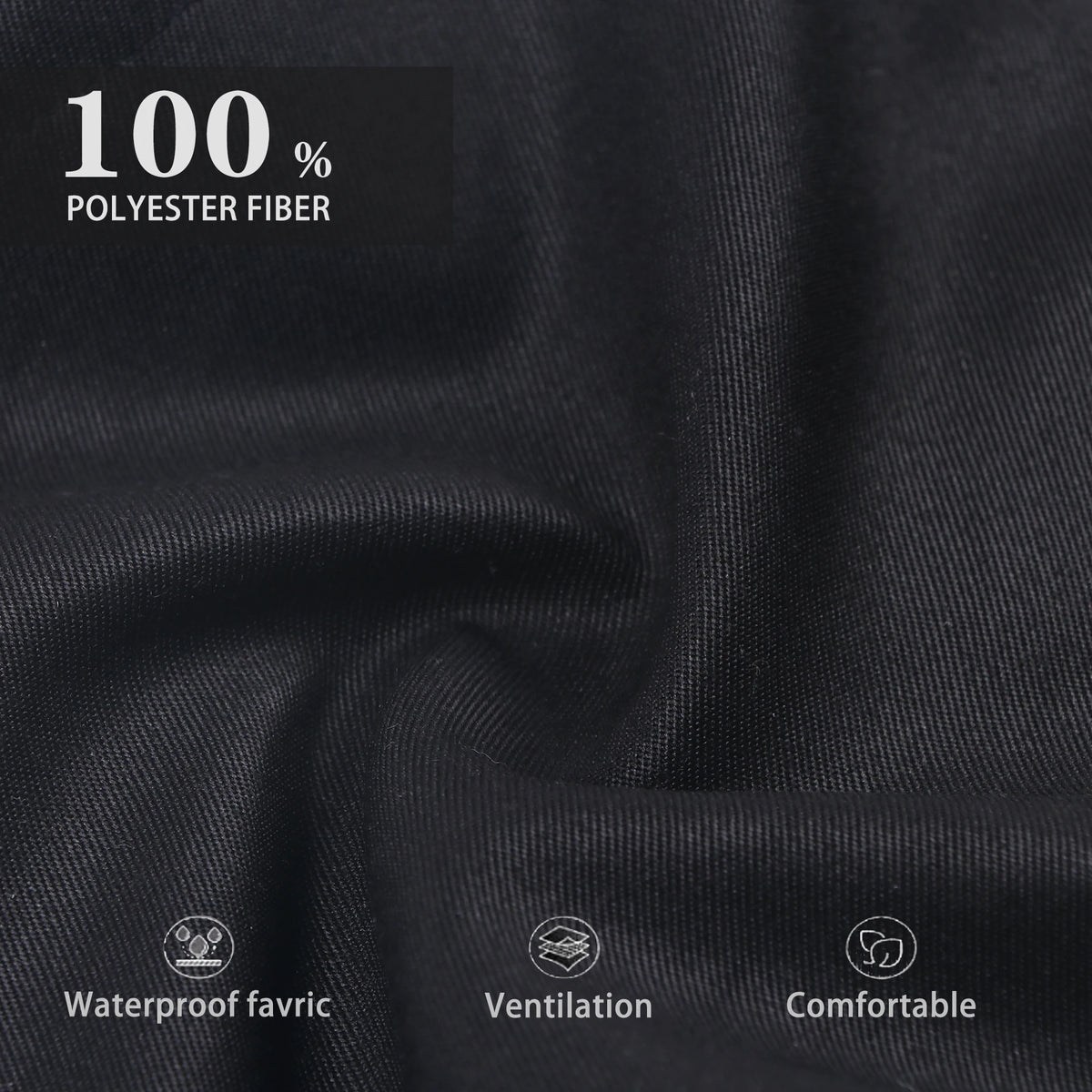 Schwarzer Polyesterstoff mit wasserdamer, belüftbarer und komfortabler Materialstruktur.
