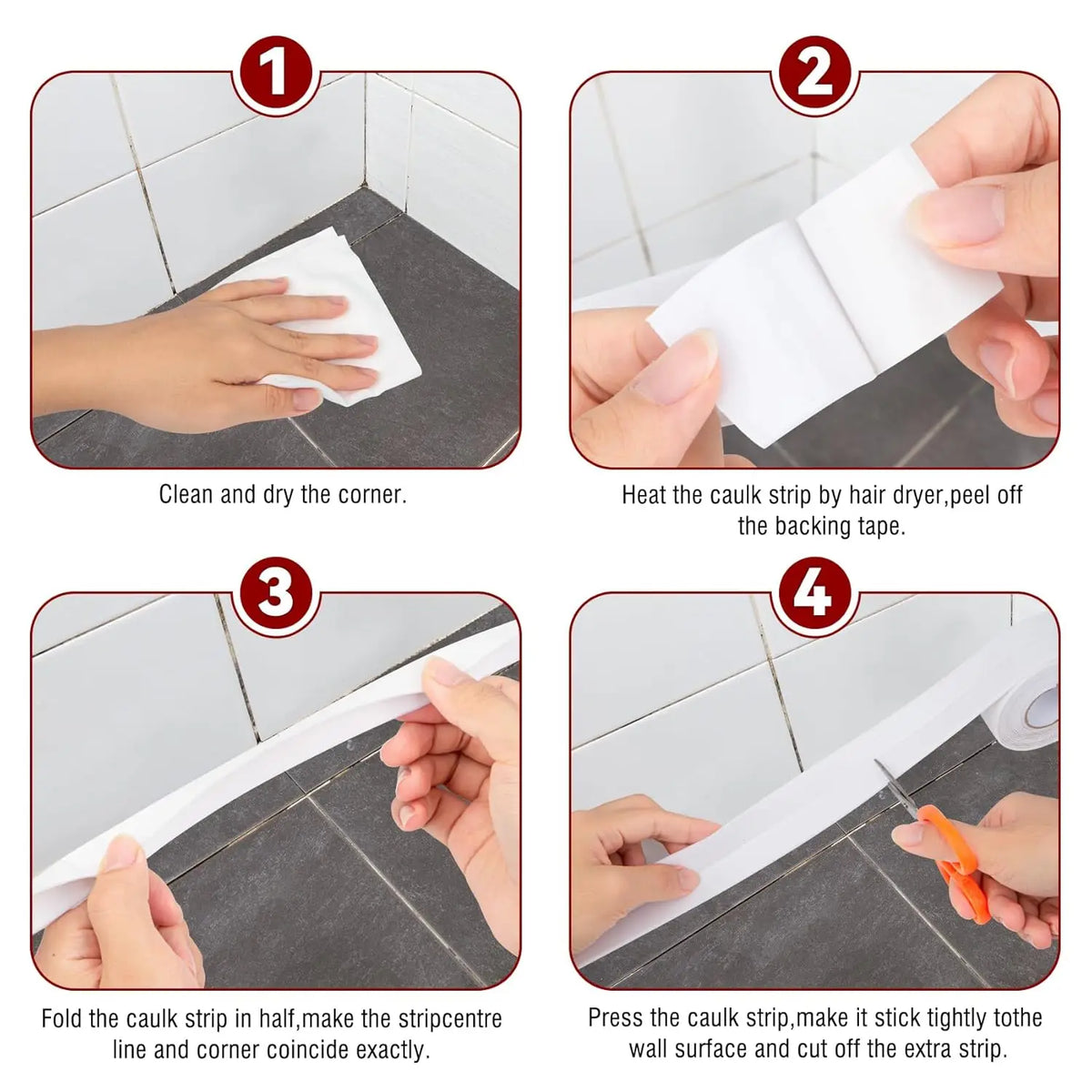 Instructions showing how to clean, heat, peel, and apply heavy-duty waterproof caulk tape for sealing
