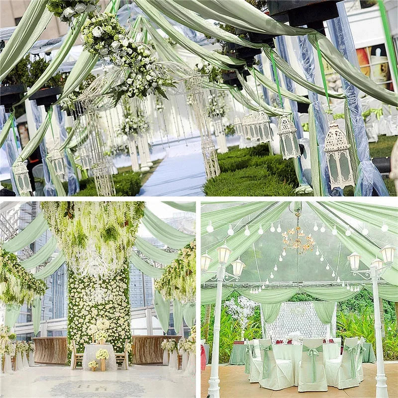 Elegant sheer chiffon draping fabric creating a lush, floral ceiling canopy for an event.
