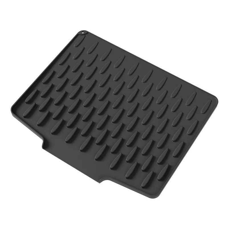 Black silicone drain mat with a textured, ridged surface for kitchen and household use