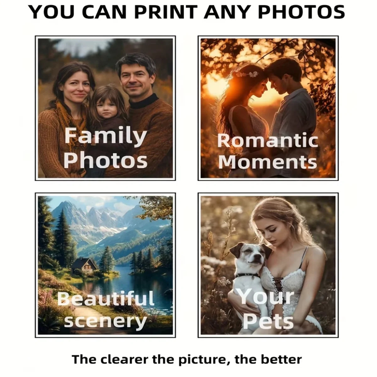 Una colage de cuatro categorías de fotos: Fotos familiares, momentos románticos, paisajes hermosos y tus mascotas.