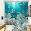 Underwater shower curtain featuring a vibrant sea life design with seahorses and coral reefs.