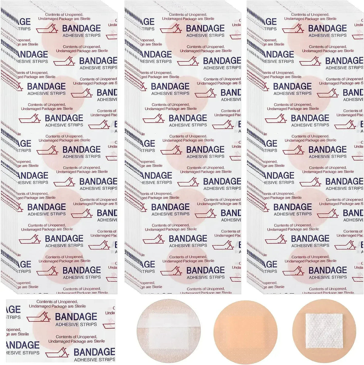 A collection of round adhesive strips bandages for minor cuts and scrapes shown in various packaging and usage contexts.