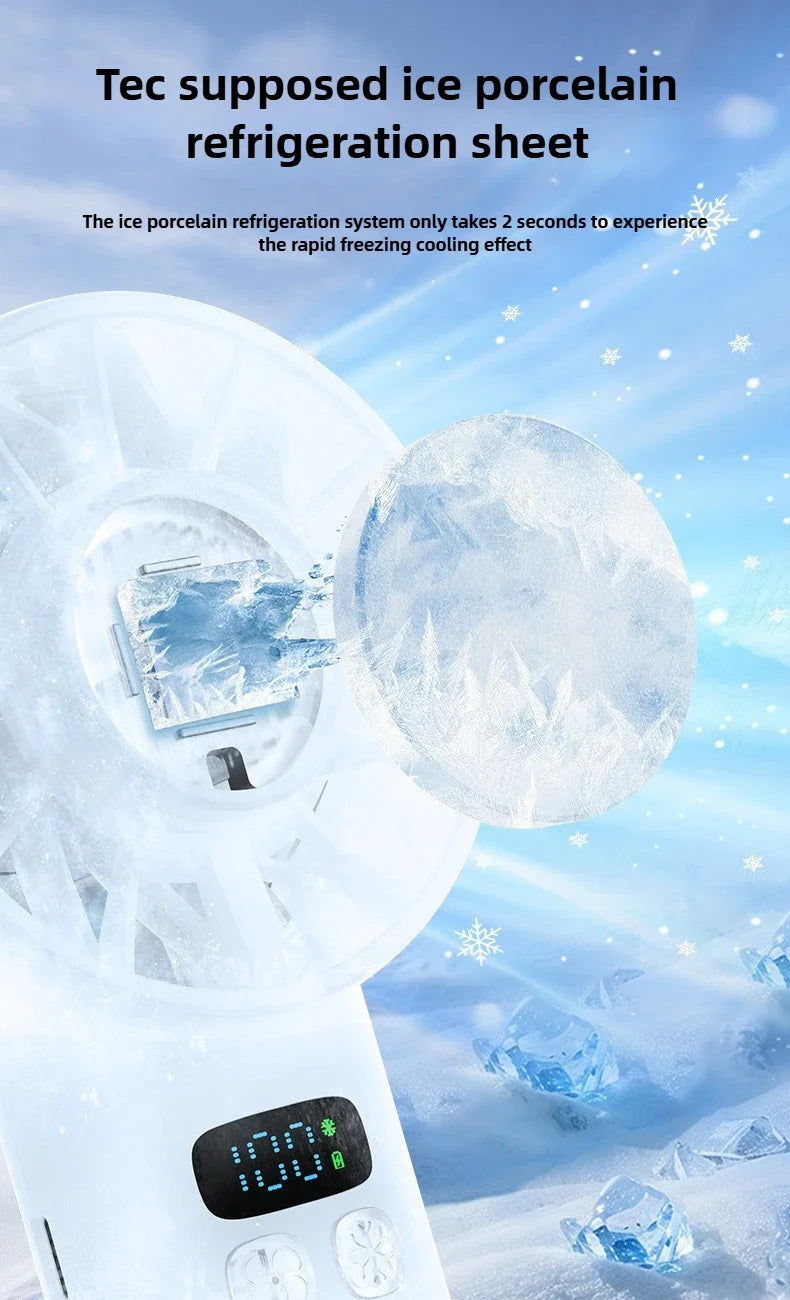 A white ice porcelain refrigeration sheet is shown with ice crystals and a fan in a snowy context.