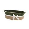 Woven cotton rope storage basket with a striped design in olive green, beige, and white.
