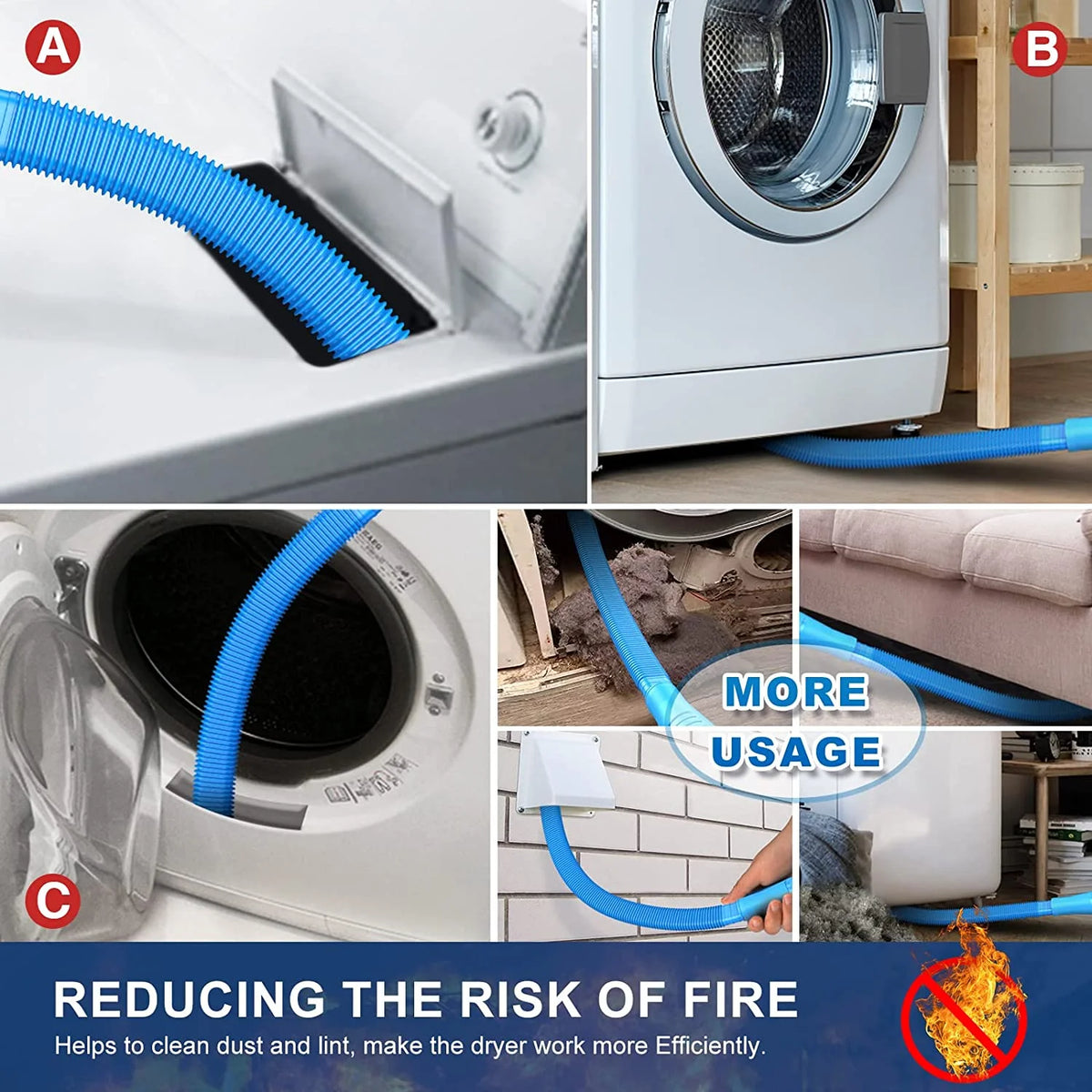 A set of blue dryer vent cleaning brushes and a brush attachment for cleaning lint and dust from a dryer vent.